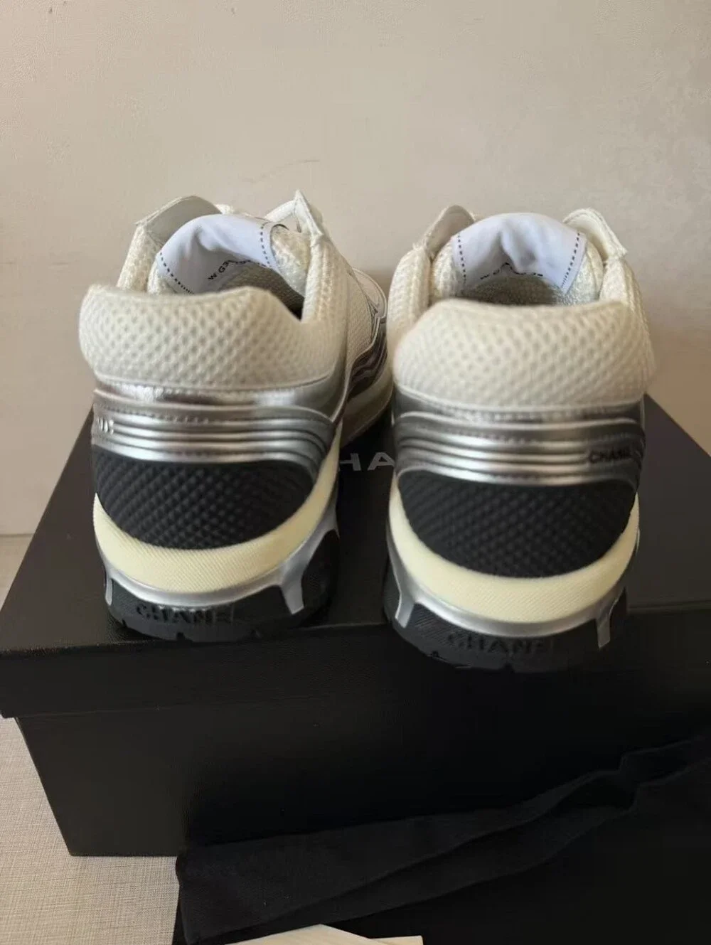 Chanel White & Silver Mesh Runner Sneakers